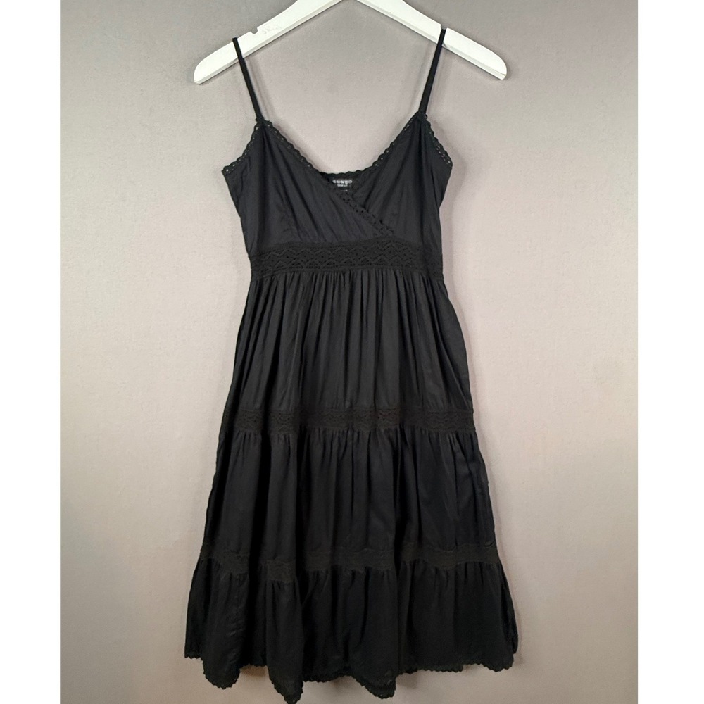 Tokyo Denim Cotton Tiered Dress Women US 8 Black Crochet Lace Boho Cottagecore